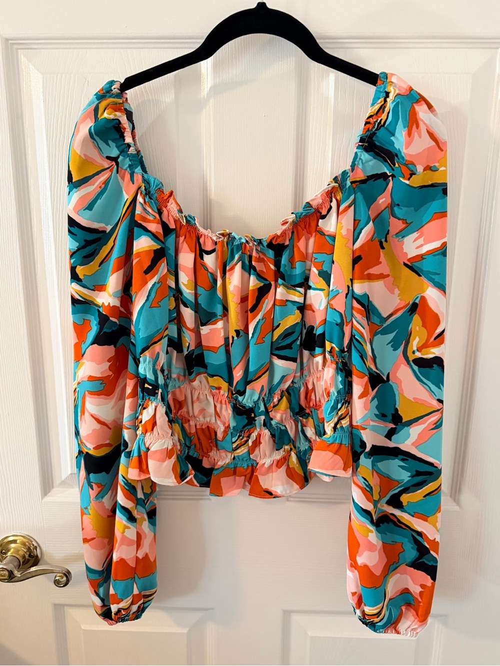 Bar III Multicolor Abstract Off-Shoulder Blouse in Teal, Coral & Yellow